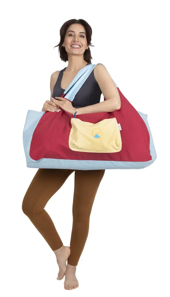 Red large pilates mat bag with smooth front pocket zipper you can use for easy access items.webp