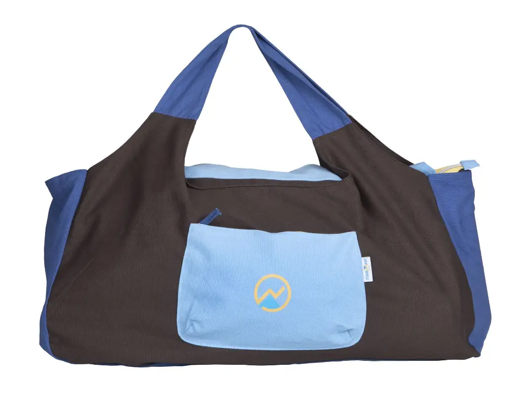 Front view of brown large pilates mat bag with smooth full zipper for the main pocket.webp